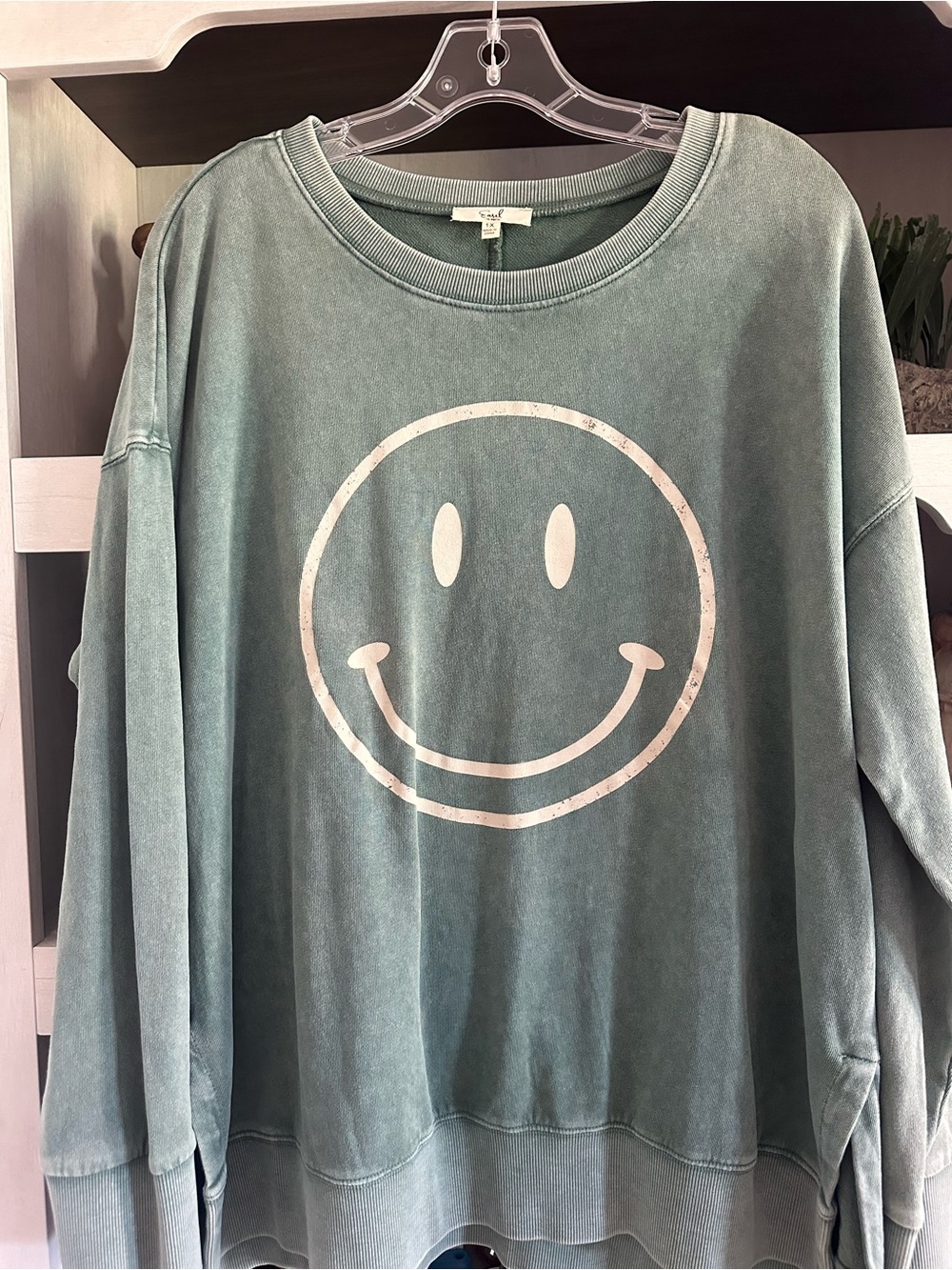 Vintage-Inspired Teal Green Smiley Face Oversized Sweatshirt